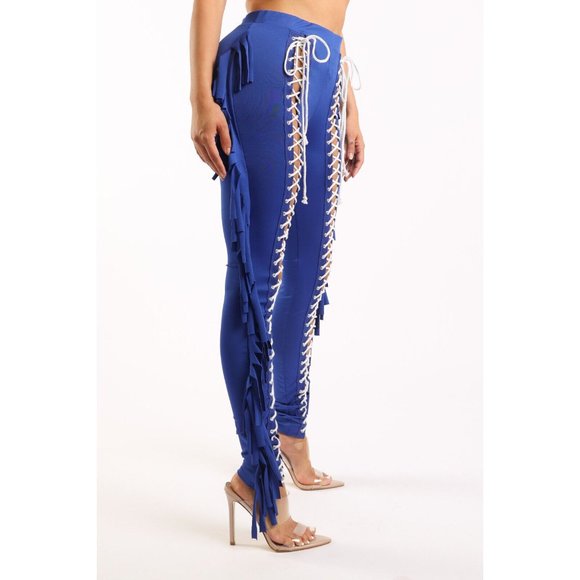 Womens Chic Lace up Detailed Fringe Pants Fashion Stylish Tassels Slim Trousers - Picture 6 of 10